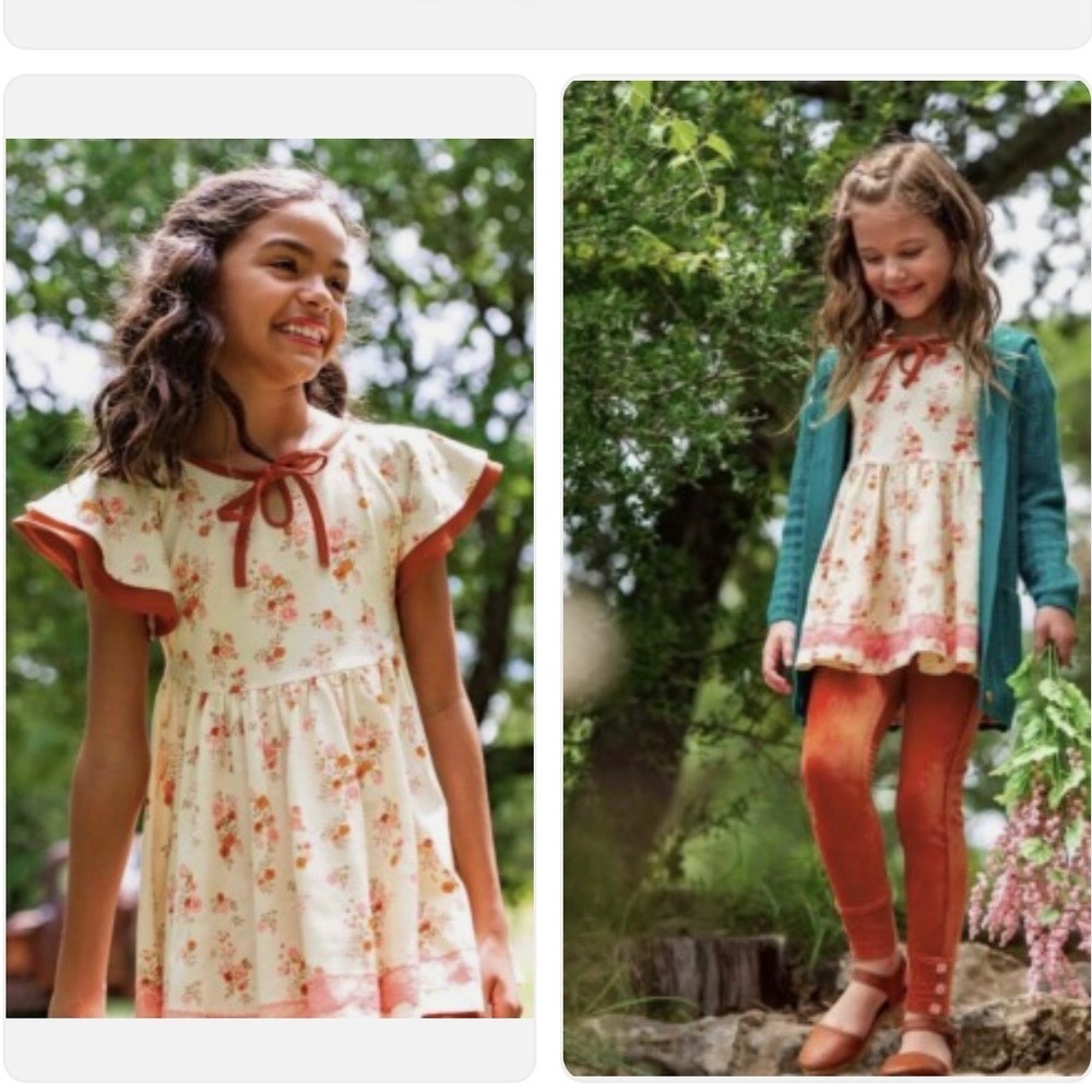 Wildflowers Girls Floral Flutter Sleeve Tunic Top Lace Trim Size 6 Cream Orange